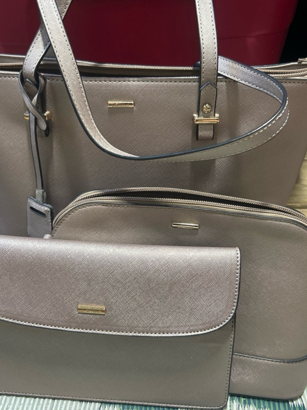 Metallic Taupe Tote, Shoulder Bag & Wristlet Set - Sleek Everyday Style set of 3